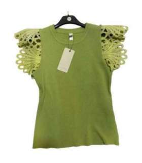 T shirt maille manches broderie anglaise vert